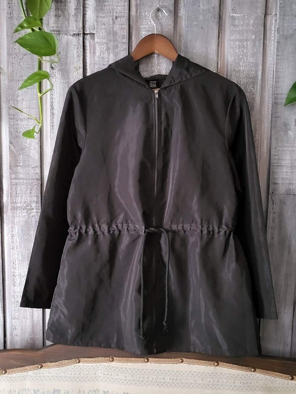 Black Hooded Drawstring Utility Jacket Lightweight Windbreaker